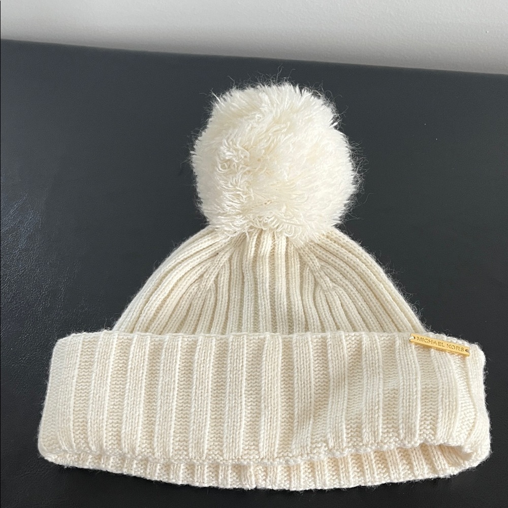 Michael Kors Cream Knit Hat with Pom-Pom